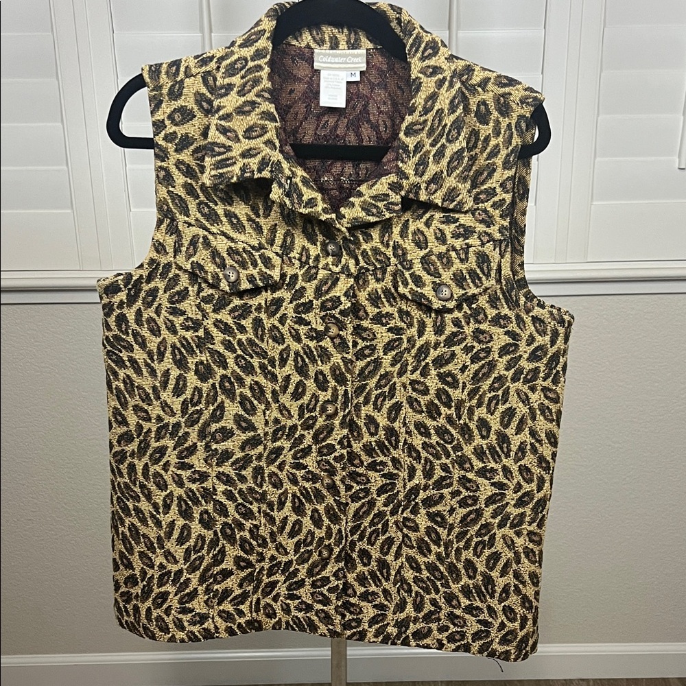 Coldwater Creek Tan and Black Leopard-Print Sleeveless Collared Vest